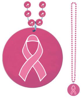 33-Inch Bead Necklace with Printed Pink Ribbon Medallion