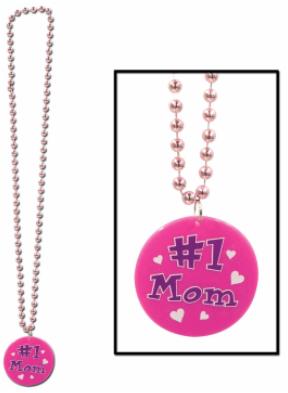 33-Inch Beaded Necklace with Printed #1 Mom Medallion