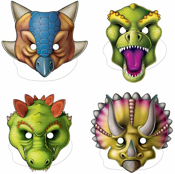 Dinosaur Party Masks with Attached Elastic, 4 Pack