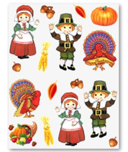 Pilgrim & Turkey Thanksgiving Stickers, 4 Sheets