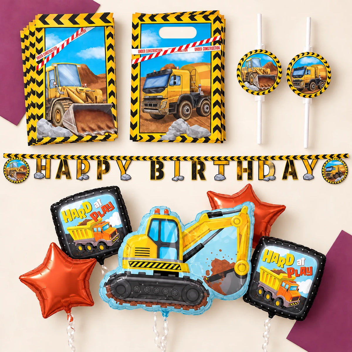Construction party pack with plates, cups, hats, straws, favour bags, banner and dozer balloons