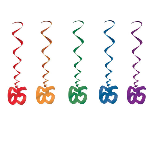 Colorful Celebration 65th Birthday Dangling Whirls in Multicolor Delight (5/Pk)