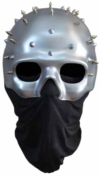 Silver skull mask with spikes and a black covering on a white background. Spike mask from the TV series, The Purge