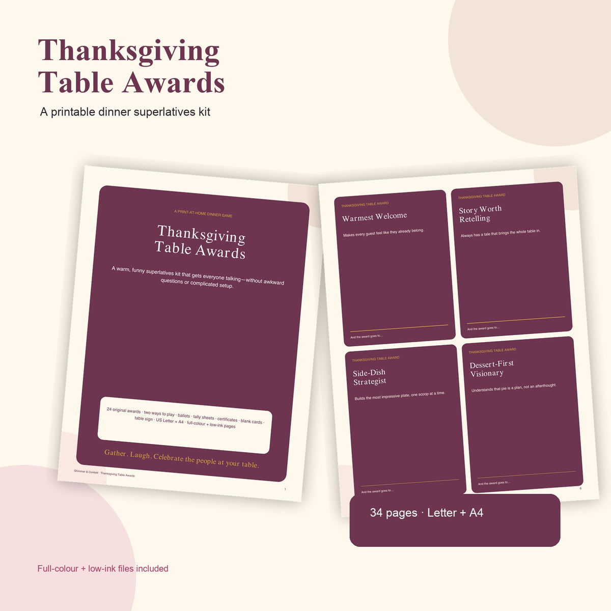 Thanksgiving Table Awards printable dinner superlatives kit cover and award cards