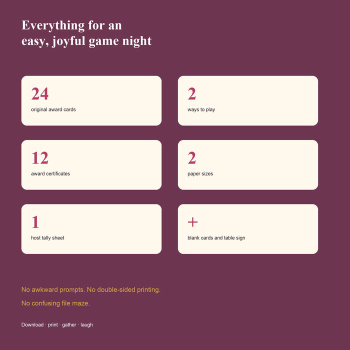 Contents of the Thanksgiving printable game including cards, certificates and ballots