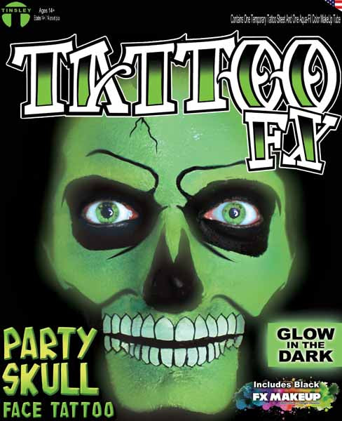 Tinsley Transfers Party Skull Glow-in-the-Dark Face Tattoo
