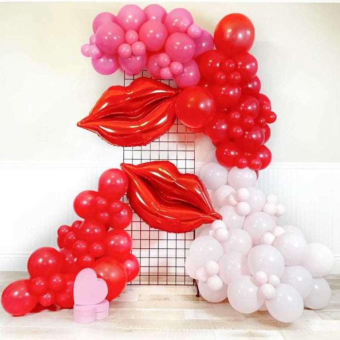 16ft Pastel Pink, Passion Pink and Red Balloon Arch and Garland Kit with Two Giant Red Lips