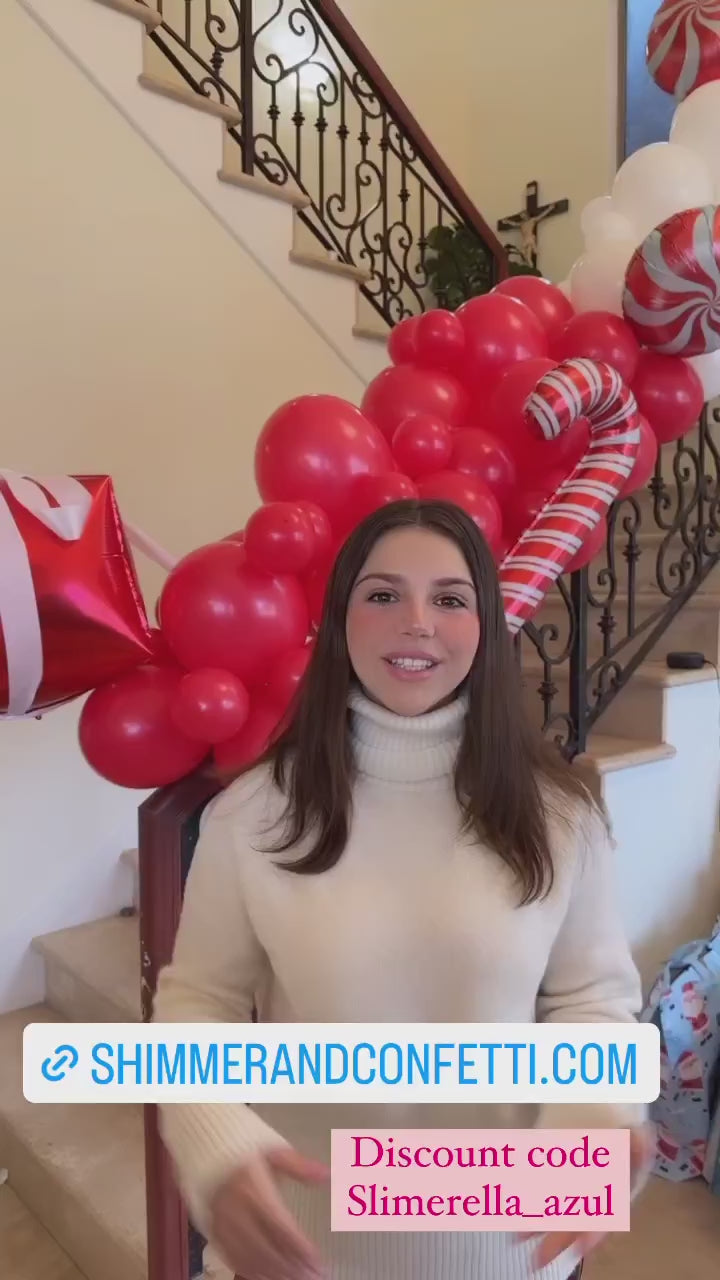 16ft Red and White Christmas Balloons Arch and Garland Kit with Candy Cane, Pinwheel Candy Balloons, Gift Balloons and Silver Stars