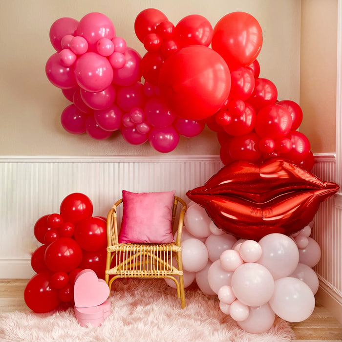 16ft Pastel Pink, Passion Pink and Red Balloon Arch and Garland Kit with Two Giant Red Lips