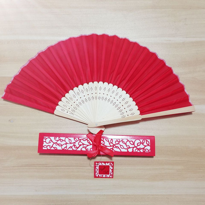 Custom Silk Folding Fan - Personalized Wedding Gift with Bride and Groom's Names and Date - Red folding fan with box packing