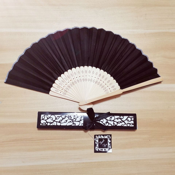 Custom Silk Folding Fan - Personalized Wedding Gift with Bride and Groom's Names and Date - Black folding fan with box packing