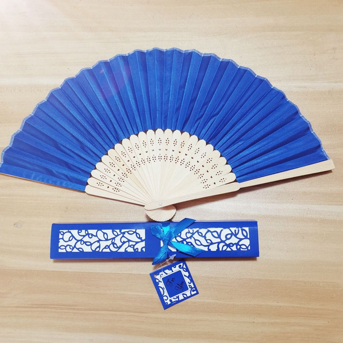 Custom Silk Folding Fan - Personalized Wedding Gift with Bride and Groom's Names and Date - Blue folding fan with box packing