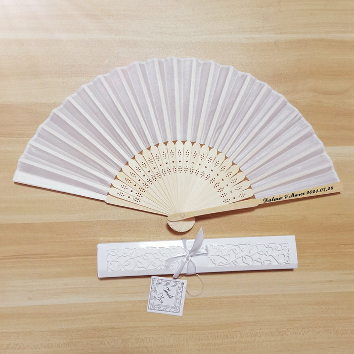 Custom Silk Folding Fan - Personalized Wedding Gift with Bride and Groom's Names and Date - White folding fan with box packing