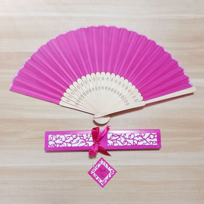 Custom Silk Folding Fan - Personalized Wedding Gift with Bride and Groom's Names and Date - Pink folding fan with box packing