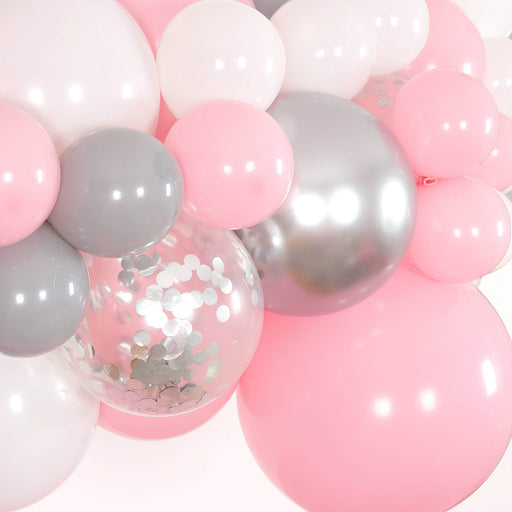 Bubblegum Pink, White, Gray and Silver Balloon Arch and Garland Kit (5, 10, 16 foot) - Shimmer & Confetti