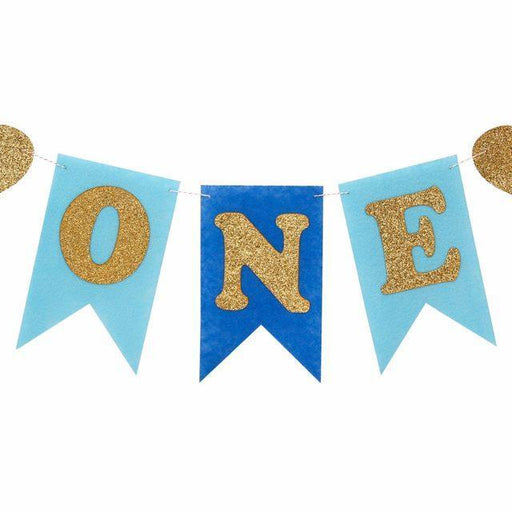 First Birthday High Chair Banner - Blue and Gold - Shimmer & Confetti