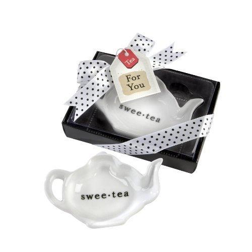 Swee-Tea Ceramic Tea-Bag Caddy in Black & White Serving-Tray Gift Box - Shimmer & Confetti