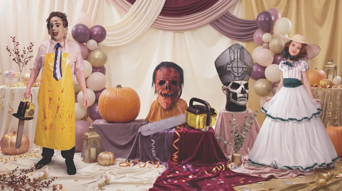 Halloween costumes, character masks and chainsaw props styled with blush, plum and gold party decorations