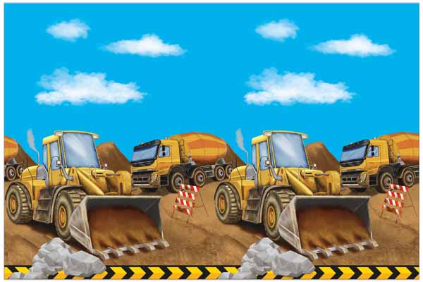 Blue construction vehicle tablecover for a truck-themed birthday table
