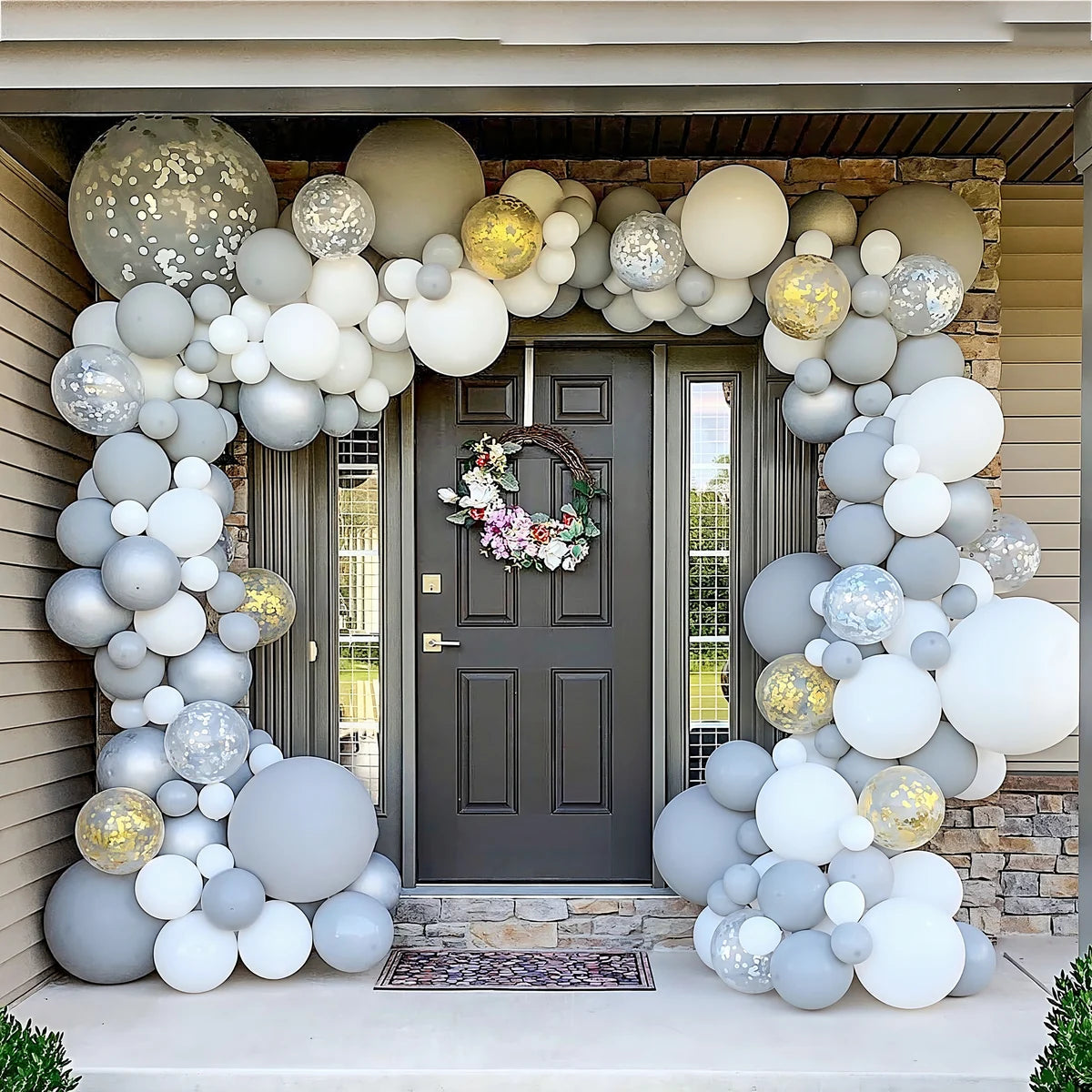 White gray silver and gold balloon arch kit